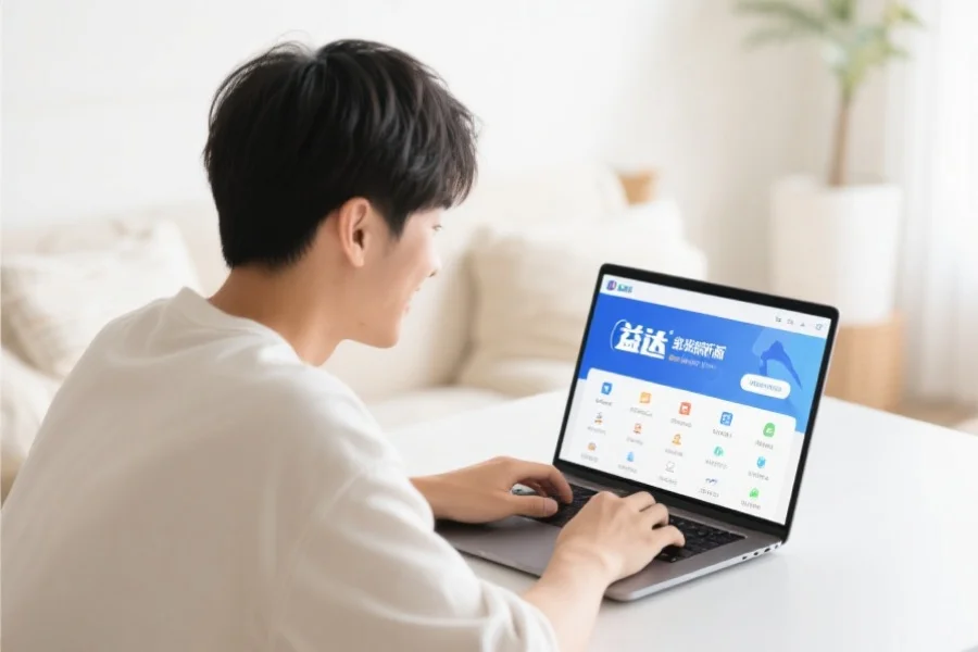 一位年轻用户在明亮舒适的室内环境中愉快地使用笔记本电脑,屏幕上展示天启客户端新版界面